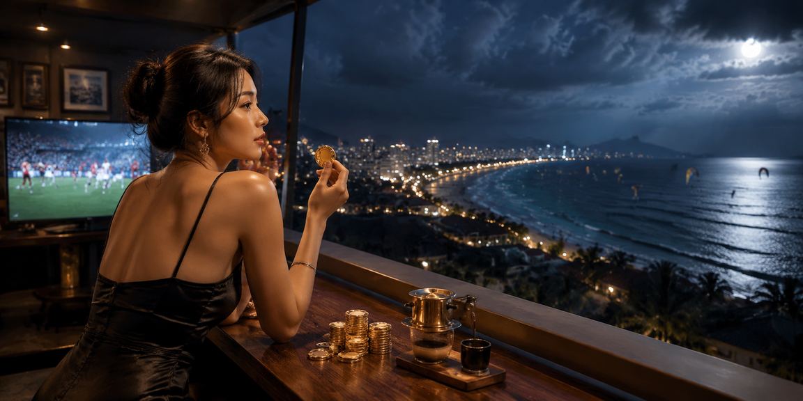Người dùng xem kèo thể thao tại bãi biển Mũi Né với điện thoại và cà phê